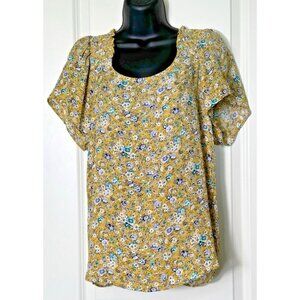 DLEIONE Yellow Floral Smocked Neck Flutter Sleeve Top Women's Size S‎